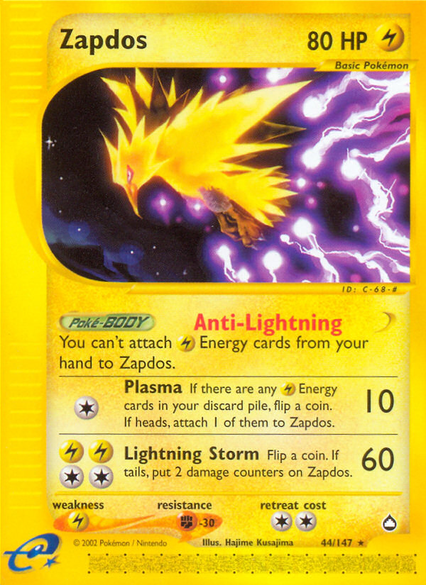 Zapdos Pokémon card, Aquapolis, AQ #44