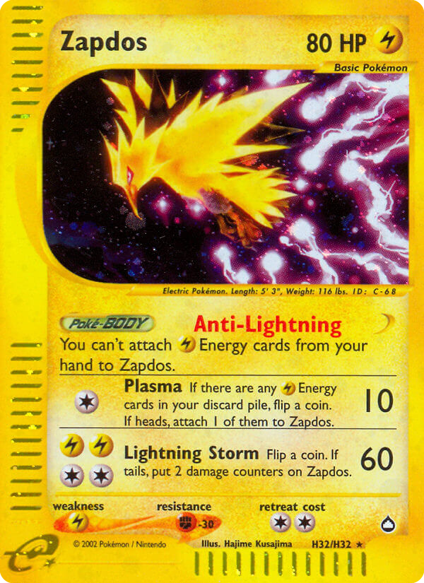 Zapdos Pokémon card, Aquapolis, AQ #H32