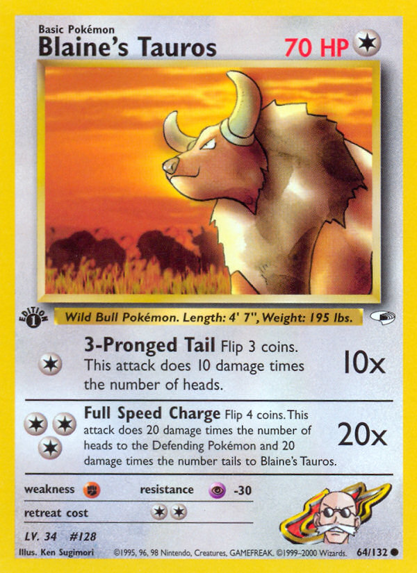 Blaine's Tauros Pokémon card, Gym Heroes, G1 #64